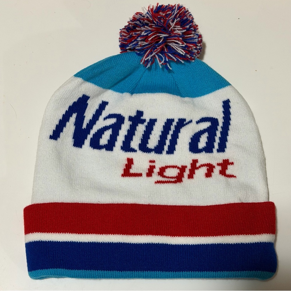 Blue and Red Pom-Pom Beanie